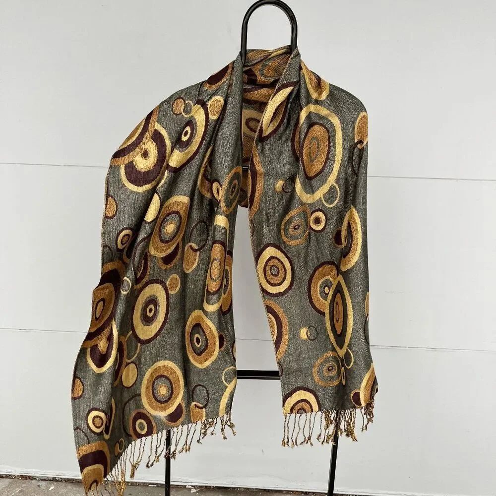 Y2K Earth-Tone Pashmina & Silk Geometric Scarf with Fringe, NWOT